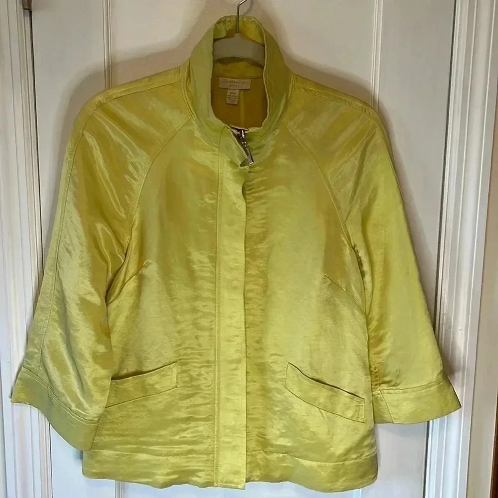 Linen‎ Blend Jacket Women’s Med P Yellow Front Zip Pockets Collar Modern Artsy